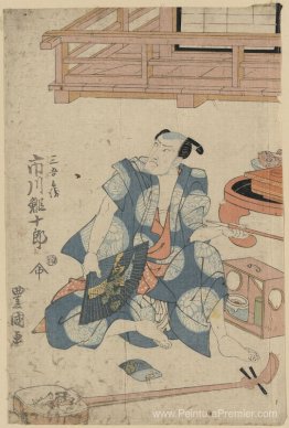 L'acteur Ichikawa Ebijuro, assis au sol avec Shamisen à ses pied