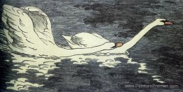 Farbiger Holzschnitt Zwei Schw?ne
