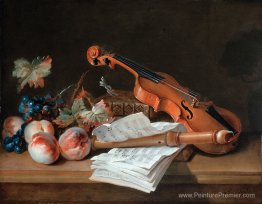 Nature morte avec un violon, un enregistreur, des livres, un por