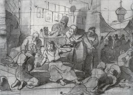 Saint idiot, entouré de pèlerins