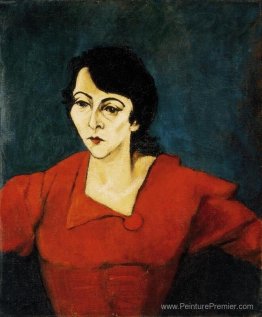 Femme en rouge avec fond vert