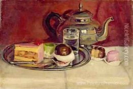 Nature morte avec des gâteaux et une théière en argent