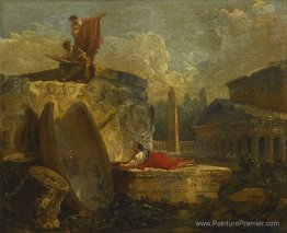 Draughtsmen dans un paysage avec des ruines antiques