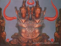 Chérubin en face avec des cornes de flammes de couleur orange