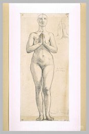 Femme nue debout, vue avant, mains jointes devant la poitrine
