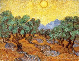 Oliviers avec du ciel jaune et du soleil