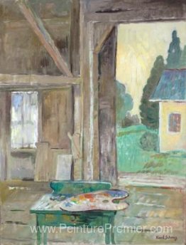 Vue depuis le studio (table verte avec palette)