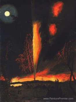 Burning Oil bien la nuit, près de Rouseville, Pennsylvanie