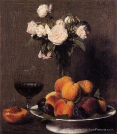 Nature morte avec des roses, des fruits et un verre de vin