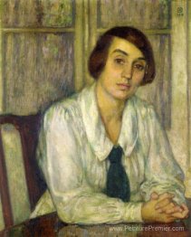 Portrait d'Elizabeth Van Ryselberghe, assis avec ses mains sur l
