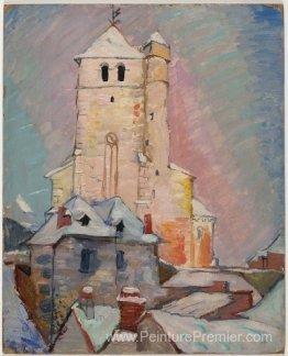 Sans titre (église dans la neige avec le ciel rose)