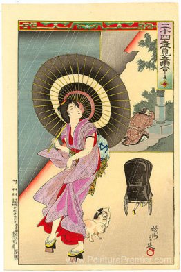 Femme marchant sous la pluie, regardant un pousse-pousse