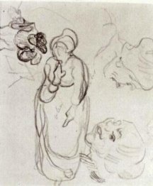 Étude d'une femme debout, deux têtes, une autre figure