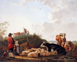 Berger avec du bétail au repos
