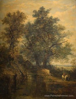 Un ruisseau, un pont, des arbres et deux figures dans un paysage