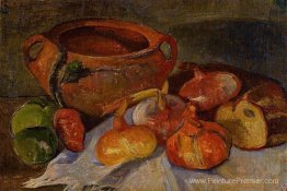 Nature morte: fosse, oignons, pain et pommes vertes