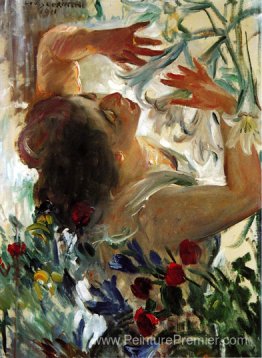 Femme avec des lys dans une serre