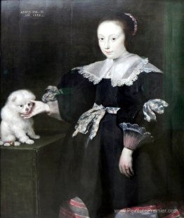 Portrait d'une fille de onze ans avec un chien, vêtu de mode esp Portrait d'une fille de onze ans avec un chien, vêtu de mode esp
