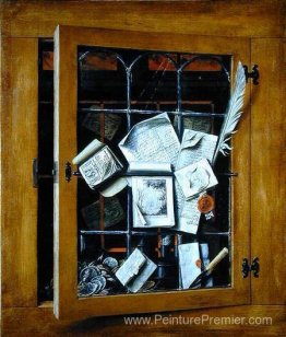 Un trrompe l'oeil d'une porte de placard glacée ouverte, avec de Un trrompe l'oeil d'une porte de placard glacée ouverte, avec de