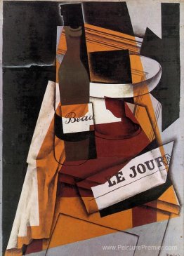 Bouteille, journal et bol de fruits Bouteille, journal et bol de fruits