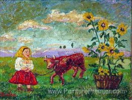 Femme avec une vache rouge Femme avec une vache rouge