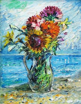 Bouquet de fleurs sauvages avec fond océan Bouquet de fleurs sauvages avec fond océan