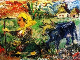 Femme paysanne avec une vache bleue Femme paysanne avec une vache bleue