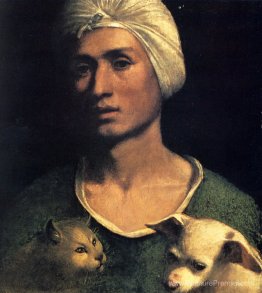 Portrait d'un jeune homme avec un chien et un chat Portrait d'un jeune homme avec un chien et un chat