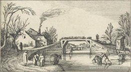 Paysage avec des patineurs sur un pont avec des moutons Paysage avec des patineurs sur un pont avec des moutons