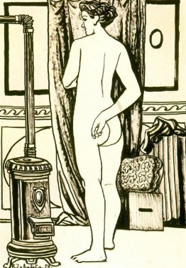 Femme nue de dos avec poêle Femme nue de dos avec poêle