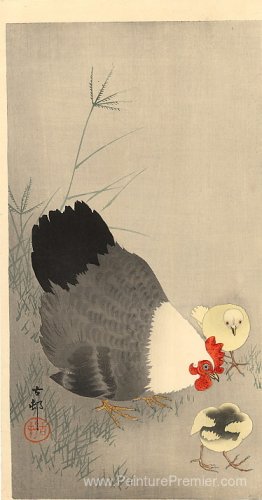 Poule et deux poussins en herbe Poule et deux poussins en herbe