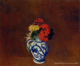 Géraniums et autres fleurs dans un vase de grès Géraniums et autres fleurs dans un vase de grès