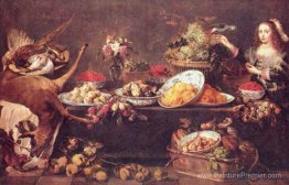 Grande nature morte avec une dame et un perroquet Grande nature morte avec une dame et un perroquet