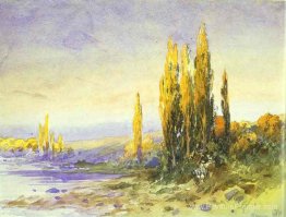 Popinaires de Lombardie sur la rive d'un lac. Soir Popinaires de Lombardie sur la rive d'un lac. Soir