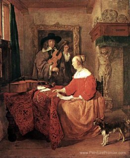 Une femme assise à une table et un homme en réglant un violon Une femme assise à une table et un homme en réglant un violon