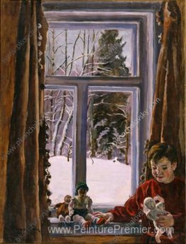 Katya avec une poupée par la fenêtre Katya avec une poupée par la fenêtre