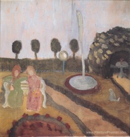 Deux femmes dans le jardin avec une fontaine Deux femmes dans le jardin avec une fontaine