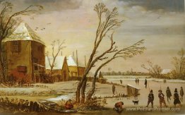 Une rivière gelée avec des patineurs Une rivière gelée avec des patineurs