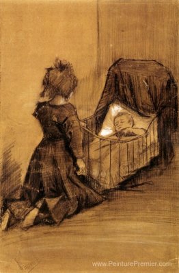 Fille à genoux par un berceau Fille à genoux par un berceau