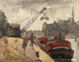 Charges avec une barge de grue sur la Seine Charges avec une barge de grue sur la Seine