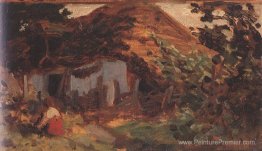 Ferme avec fille en jupe rouge Ferme avec fille en jupe rouge