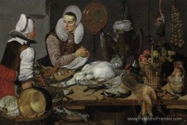 Un intérieur de cuisine avec une femme de chambre et une dame pr Un intérieur de cuisine avec une femme de chambre et une dame pr