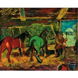 Chevaux rouges et verts dans une écurie Chevaux rouges et verts dans une écurie