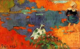 Femme breton et oie au bord de l'eau Femme breton et oie au bord de l'eau