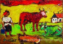 Femme paysanne avec des vaches rouges et vertes Femme paysanne avec des vaches rouges et vertes