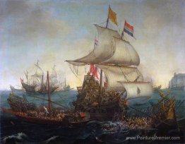 Les navires néerlandais percutant les galères espagnoles au larg Les navires néerlandais percutant les galères espagnoles au larg