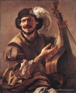 Un bravo riant avec une viol basse et un verre Un bravo riant avec une viol basse et un verre