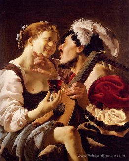 Un luteplayer Carousing avec une jeune femme tenant un Roemer Un luteplayer Carousing avec une jeune femme tenant un Roemer