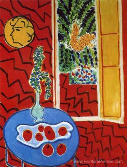 Intérieur rouge. Nature morte sur une table bleue Intérieur rouge. Nature morte sur une table bleue