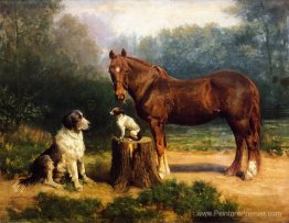 Cheval et deux chiens dans un paysage Cheval et deux chiens dans un paysage